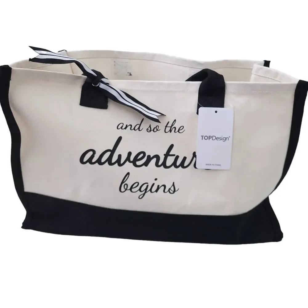 NEW And So the Adventure Begins Canvas Tote Bag Black Cream 17.5